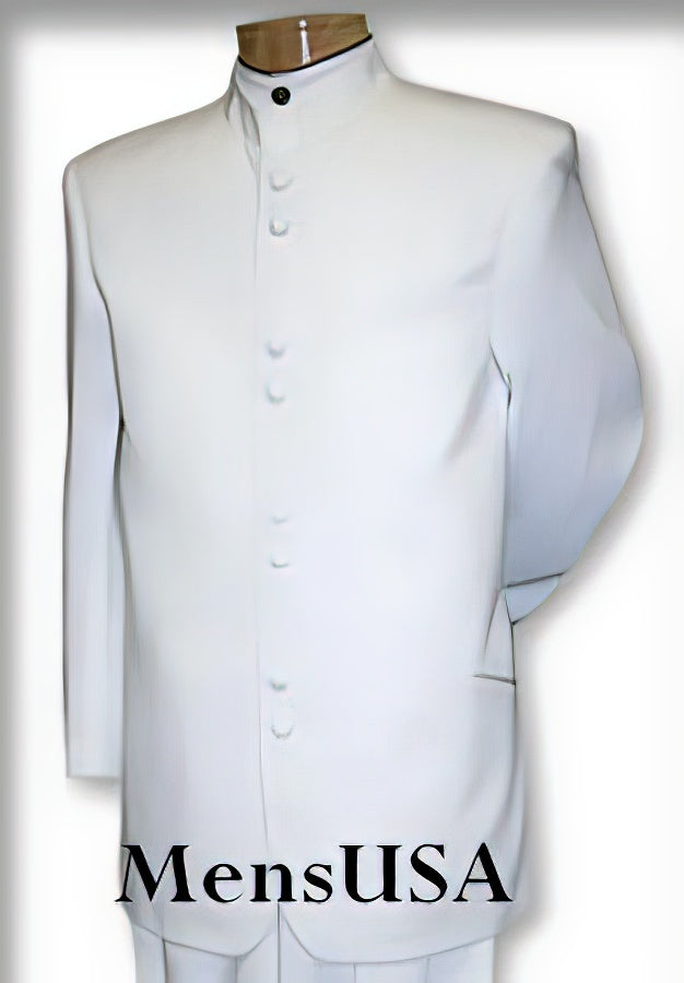 Quality Pure Snow White Mandarin Collar Tuxedo Suits For Men Light Weight Soft Fabric - All White Suit by Men'sUSA