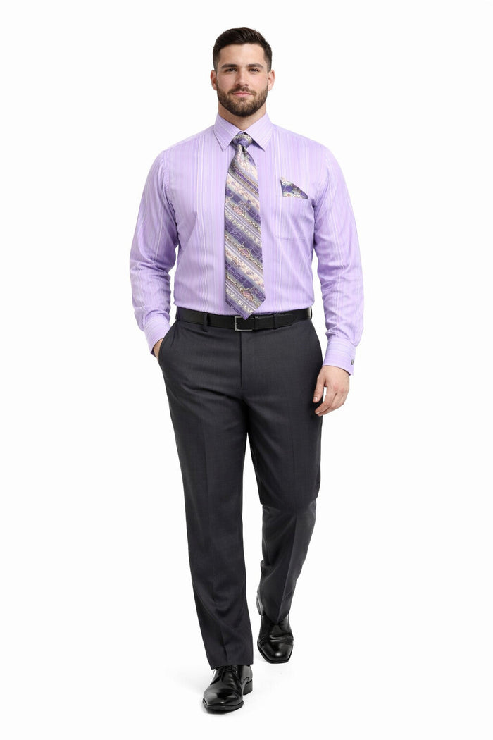 Daniel Ellissa Men's Lavender Tonal Stripe Dress Shirt, Tie & Hanky Set