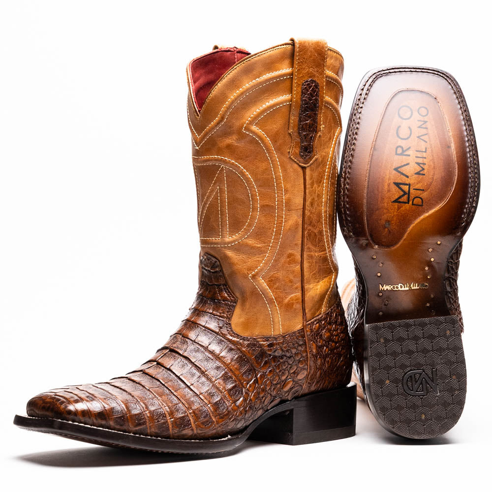 Marco Di Milano Tuscon Aged Maple Caiman Crocodile Square Toe Cowboy Boots