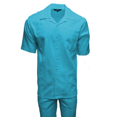 Mens Turquoise Linen Shirt and Pants Casual Outfit Set