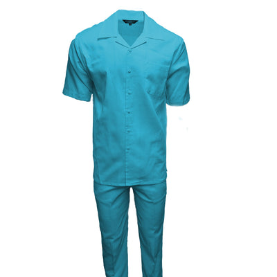 Mens Turquoise Linen Shirt and Pants Casual Outfit Set