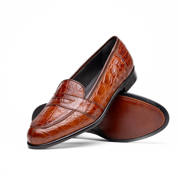 Zelli Tuscany Genuine Caiman Crocodile Penny Loafer in Cognac