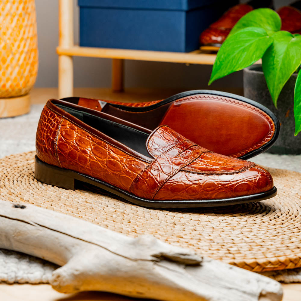 Zelli Tuscany Genuine Caiman Crocodile Penny Loafer in Cognac
