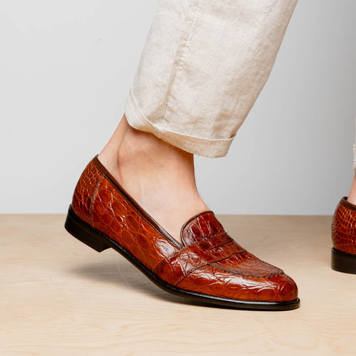 Zelli Tuscany Genuine Caiman Crocodile Penny Loafer in Cognac