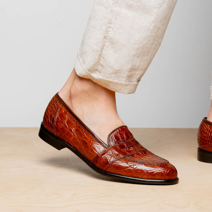 Zelli Tuscany Genuine Caiman Crocodile Penny Loafer in Cognac