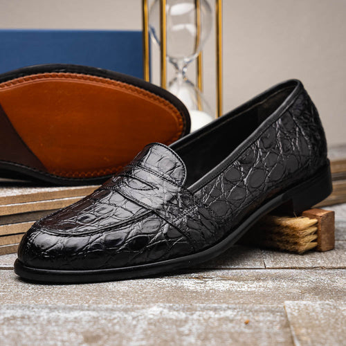 Zelli Tuscany Genuine Caiman Crocodile Penny Loafer in Black