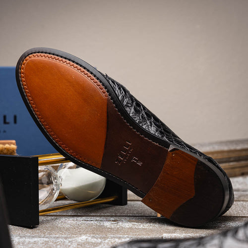 Zelli Tuscany Genuine Caiman Crocodile Penny Loafer in Black