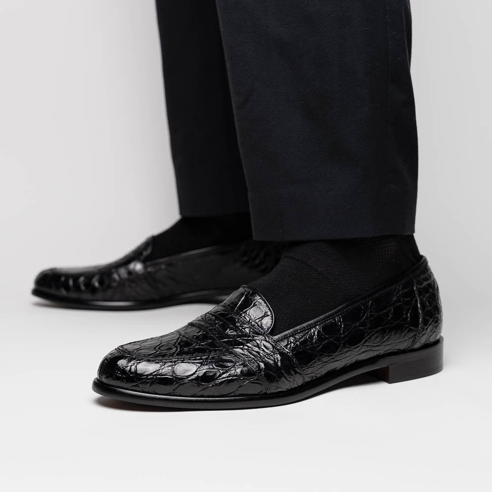 Zelli Tuscany Genuine Caiman Crocodile Penny Loafer in Black
