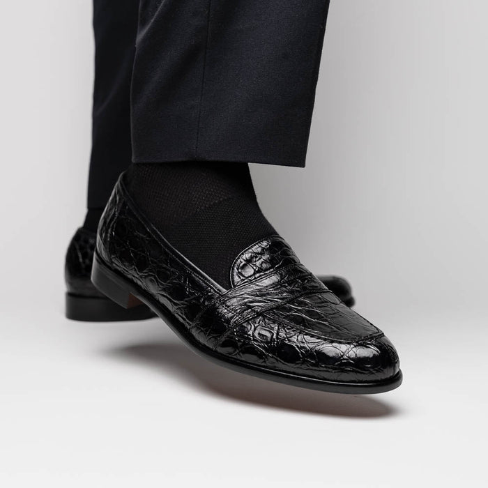 Zelli Tuscany Genuine Caiman Crocodile Penny Loafer in Black