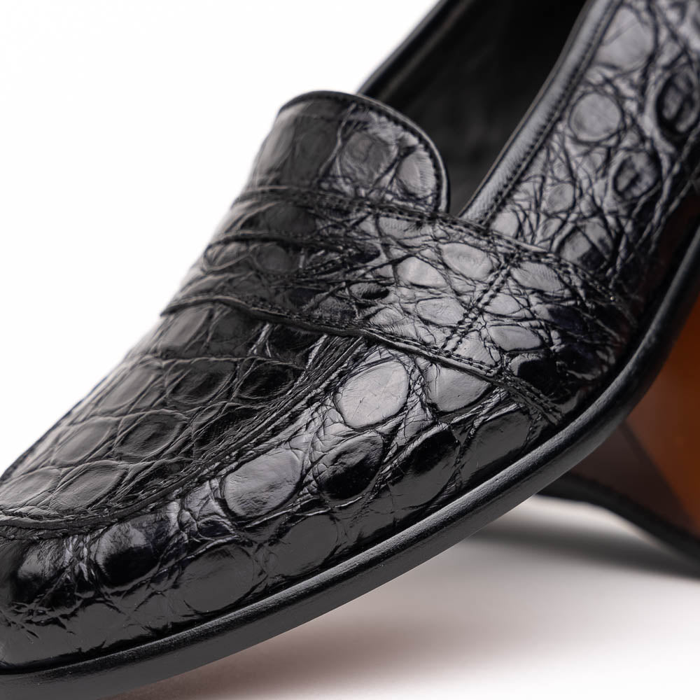 Zelli Tuscany Genuine Caiman Crocodile Penny Loafer in Black