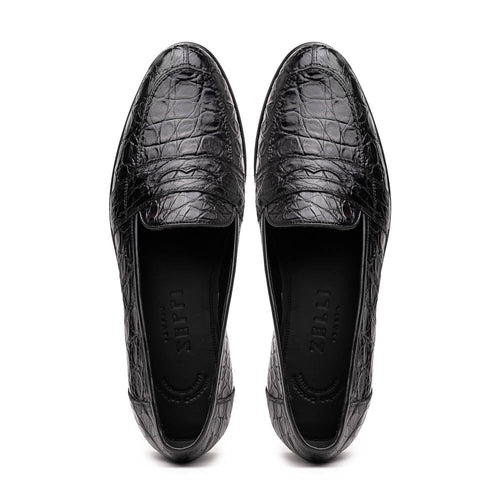 Zelli Tuscany Genuine Caiman Crocodile Penny Loafer in Black