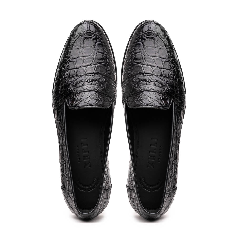 Zelli Tuscany Genuine Caiman Crocodile Penny Loafer in Black