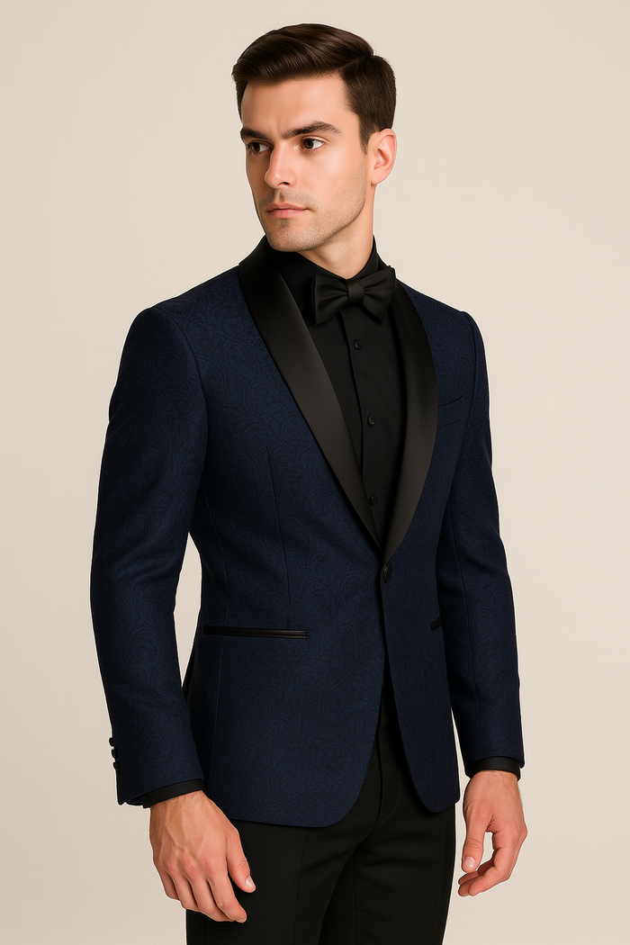 Mens Slim Fit Paisley Shawl Lapel Prom Dinner Jacket Tuxedo Blazer in Navy Blue by menstuxedousain