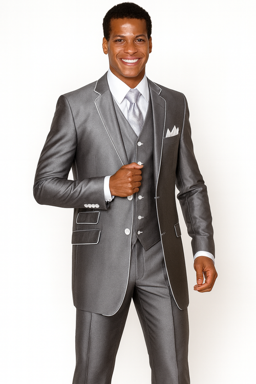 "Sharkskin Slim Fit Tuxedo Suit with Vest - Silver Grey, White Piping"