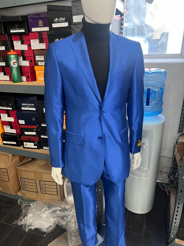 Men's Royal Blue Shiny Satin Suit - 2-Piece Slim Fit Tuxedo with Peak Lapel by USA Men's Outlet