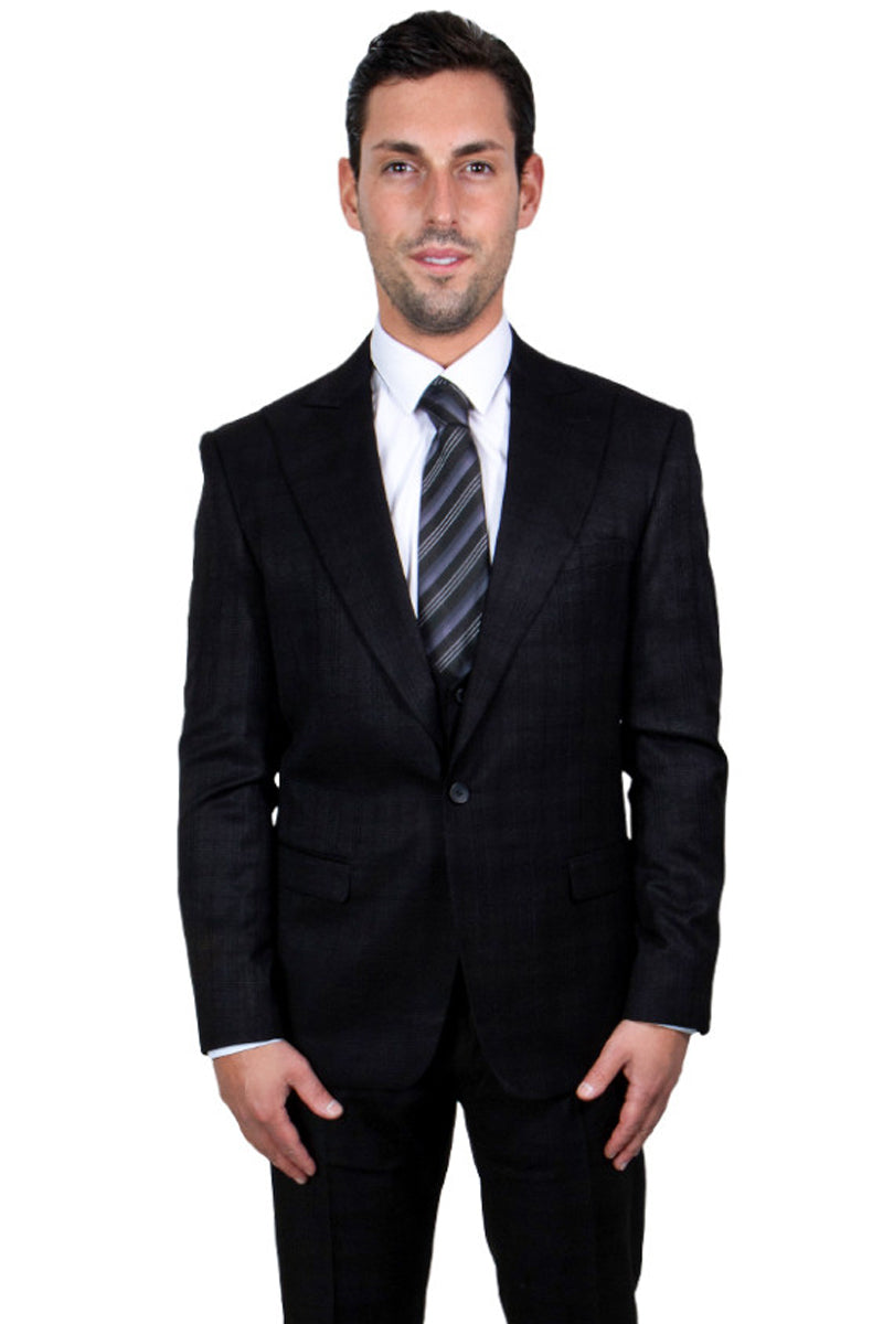 Men's Stacy Adams Black Glen Plaid 1-Button Vested Suit