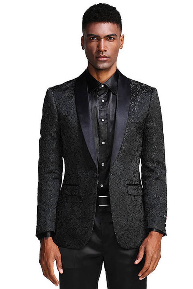 Men's Slim Fit Wedding & Prom Tonal Paisley Tuxedo Jacket in Black by Tazzio