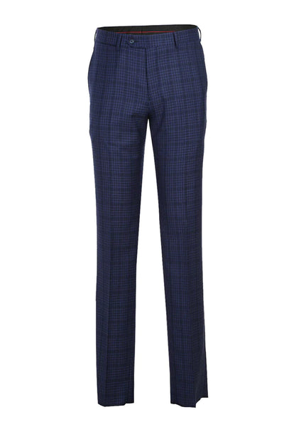 Mens Designer Two Button Slim Fit Peak Lapel Suit in Navy Blue Overcheck Plaid by Statement