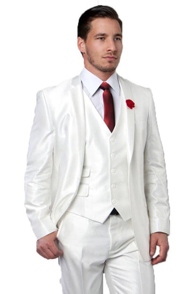 Men’s Ivory Sharkskin Vested Suit for Weddings & Prom