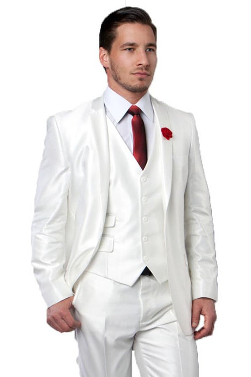 Men’s Ivory Sharkskin Vested Suit for Weddings & Prom
