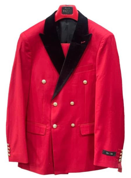 Men's Red Double-Breasted Wedding Tuxedo with Black Velvet Lapel and Gold Buttons - Christmas New Year Suit by USA Men's Outlet