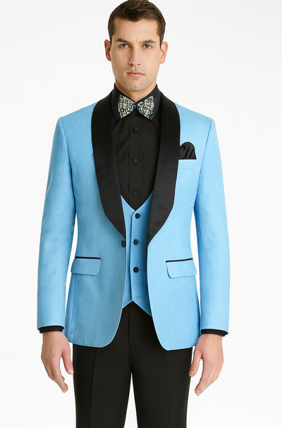 Unique Prom Suits - Interesting Fun - Men's Slim Fit Vested Paisley Light Blue Wedding Tuxedo