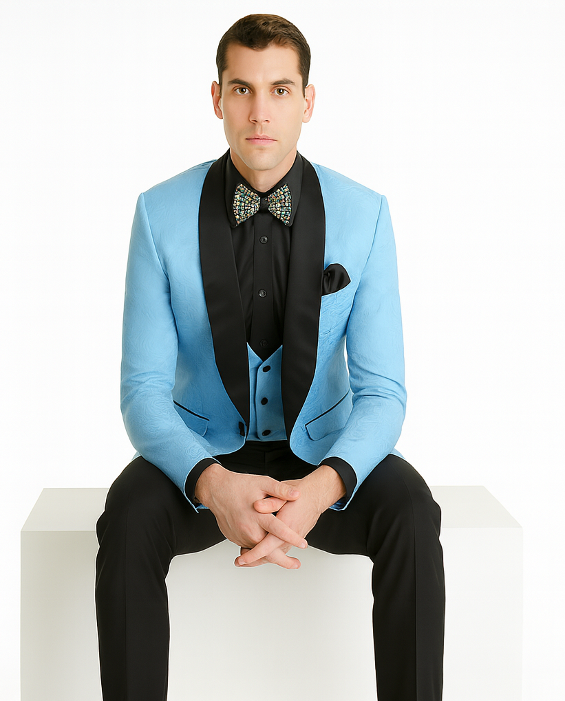 Unique Prom Suits - Interesting Fun - Men's Slim Fit Vested Paisley Light Blue Wedding Tuxedo