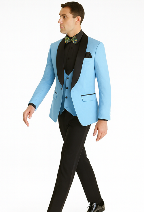 Unique Prom Suits - Interesting Fun - Men's Slim Fit Vested Paisley Light Blue Wedding Tuxedo