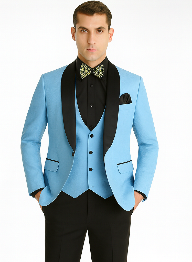 Unique Prom Suits - Interesting Fun - Men's Slim Fit Vested Paisley Light Blue Wedding Tuxedo