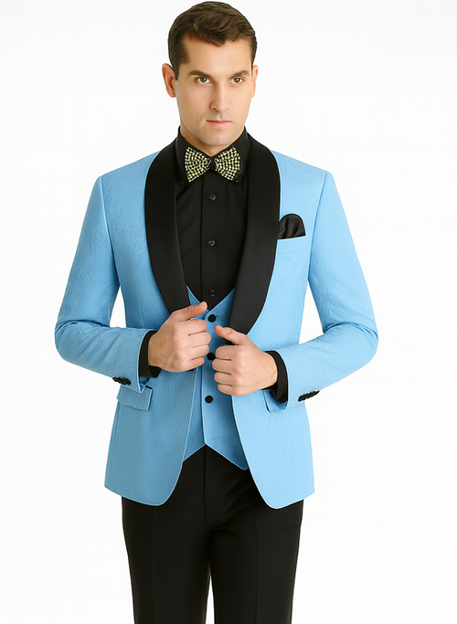 Unique Prom Suits - Interesting Fun - Men's Slim Fit Vested Paisley Light Blue Wedding Tuxedo