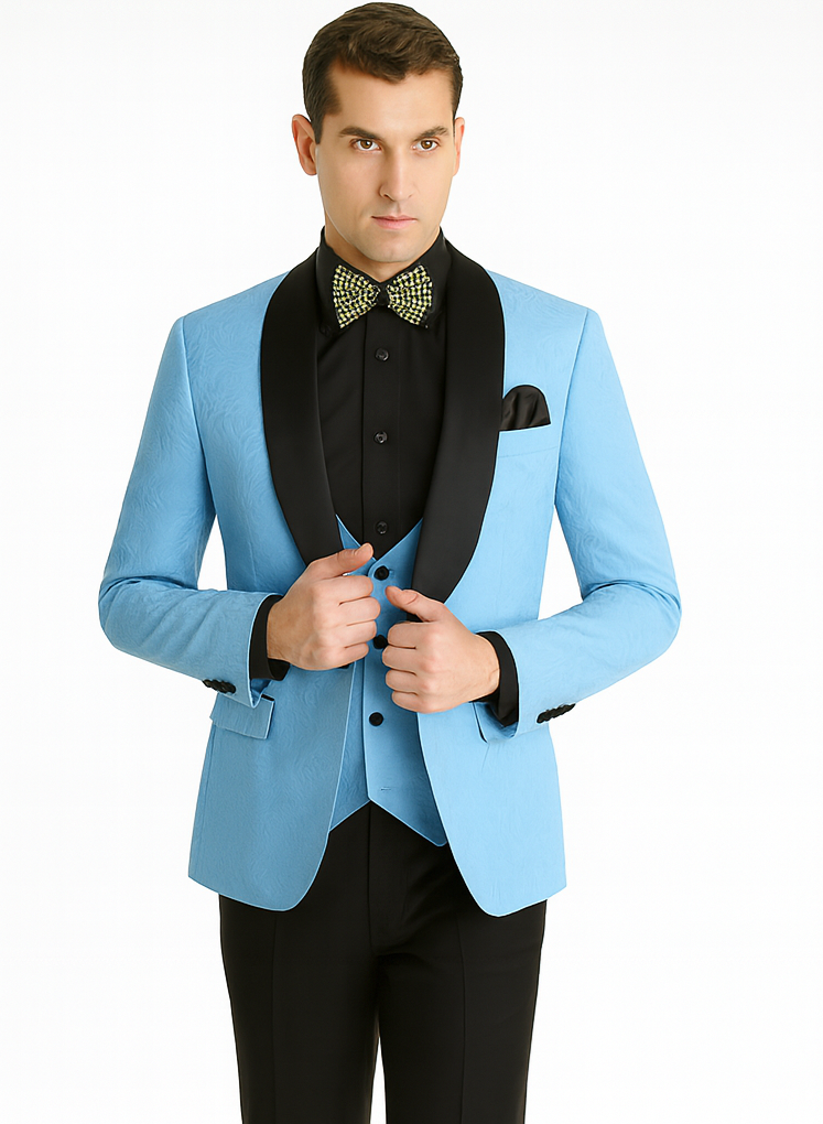Unique Prom Suits - Interesting Fun - Men's Slim Fit Vested Paisley Light Blue Wedding Tuxedo