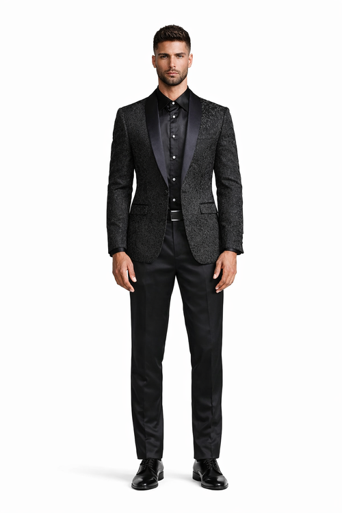 Unique Prom Suits - Interesting Fun - Men's Slim Fit Wedding & Prom Tonal Paisley Black Tuxedo