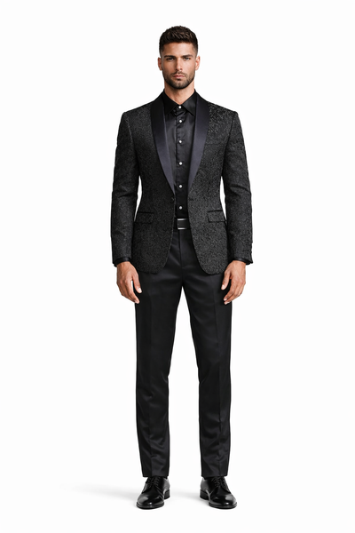 Unique Prom Suits - Interesting Fun - Men's Slim Fit Wedding & Prom Tonal Paisley Black Tuxedo