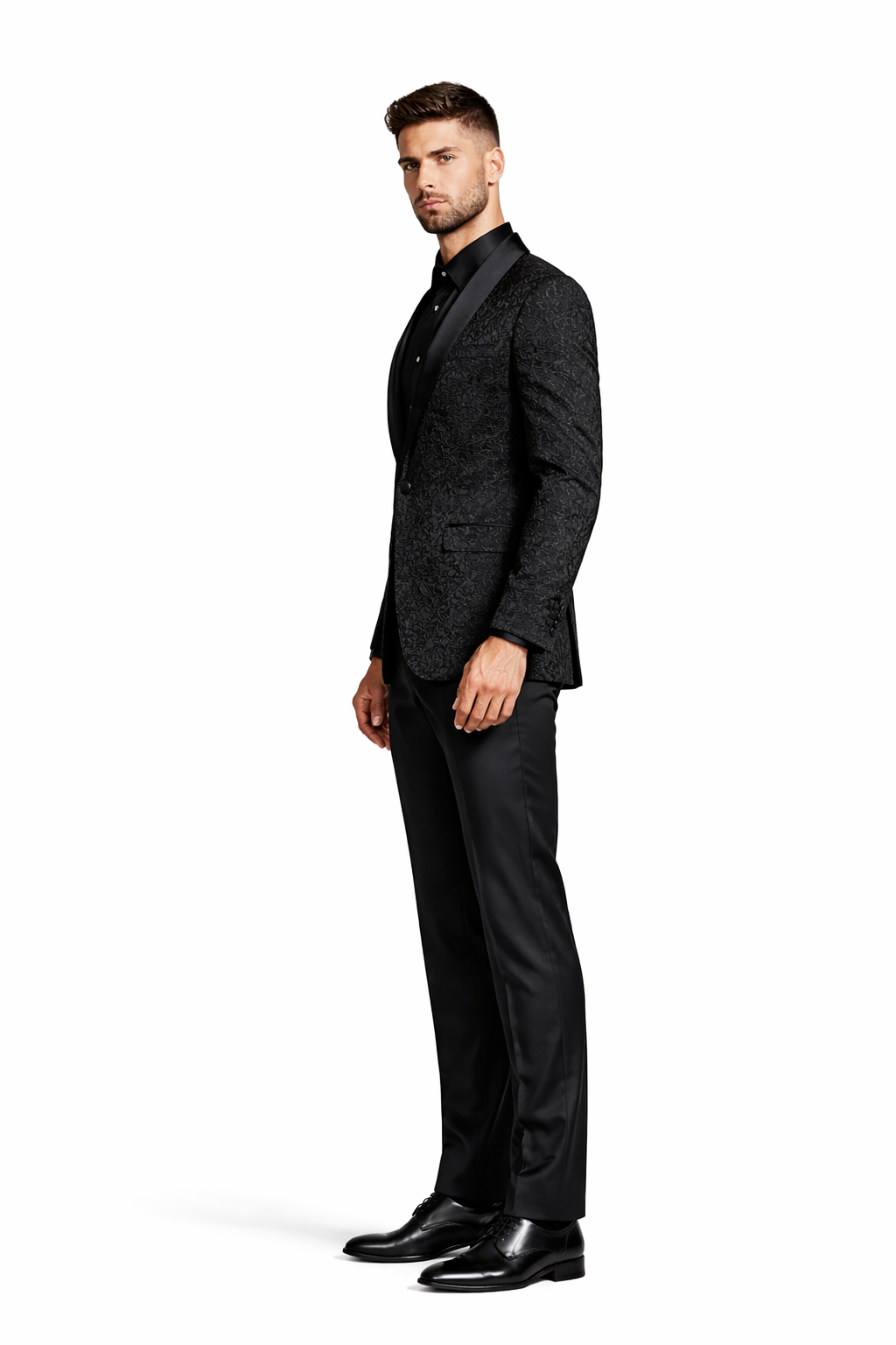 Unique Prom Suits - Interesting Fun - Men's Slim Fit Wedding & Prom Tonal Paisley Black Tuxedo