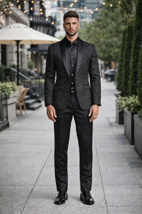 Unique Prom Suits - Interesting Fun - Men's Slim Fit Wedding & Prom Tonal Paisley Black Tuxedo