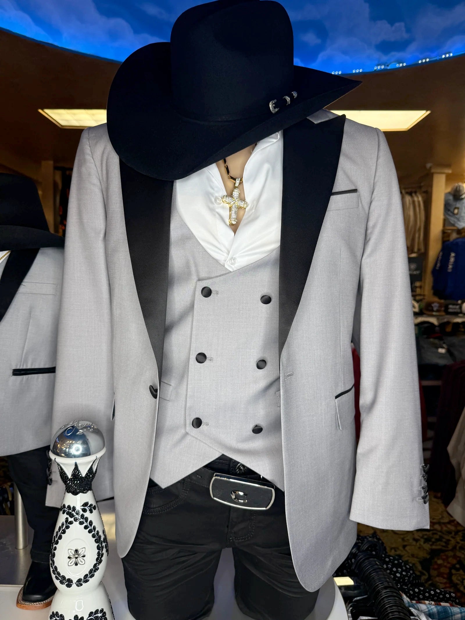 Men’s Light Gray Cowboy Tuxedo with Black Satin Lapel – Western Formal Suit with Double Breasted Vest – SuitUSA