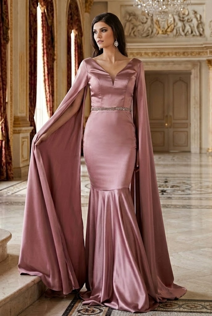 V-Neck Cape Sleeve Mermaid Formal Evening Dress