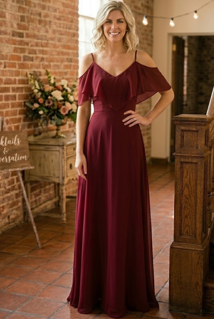Cold Shoulder Long Simple Elegant Bridesmaid Dress