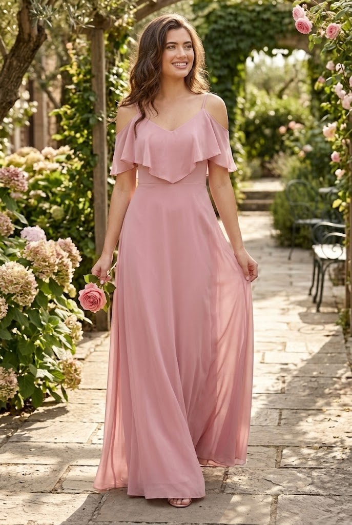 Cold Shoulder Long Simple Elegant Bridesmaid Dress