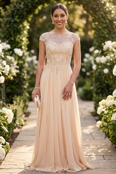 Deklaire K311 Chiffon A-Line Gown with Cap Sleeves – Mother of the Bride Dress