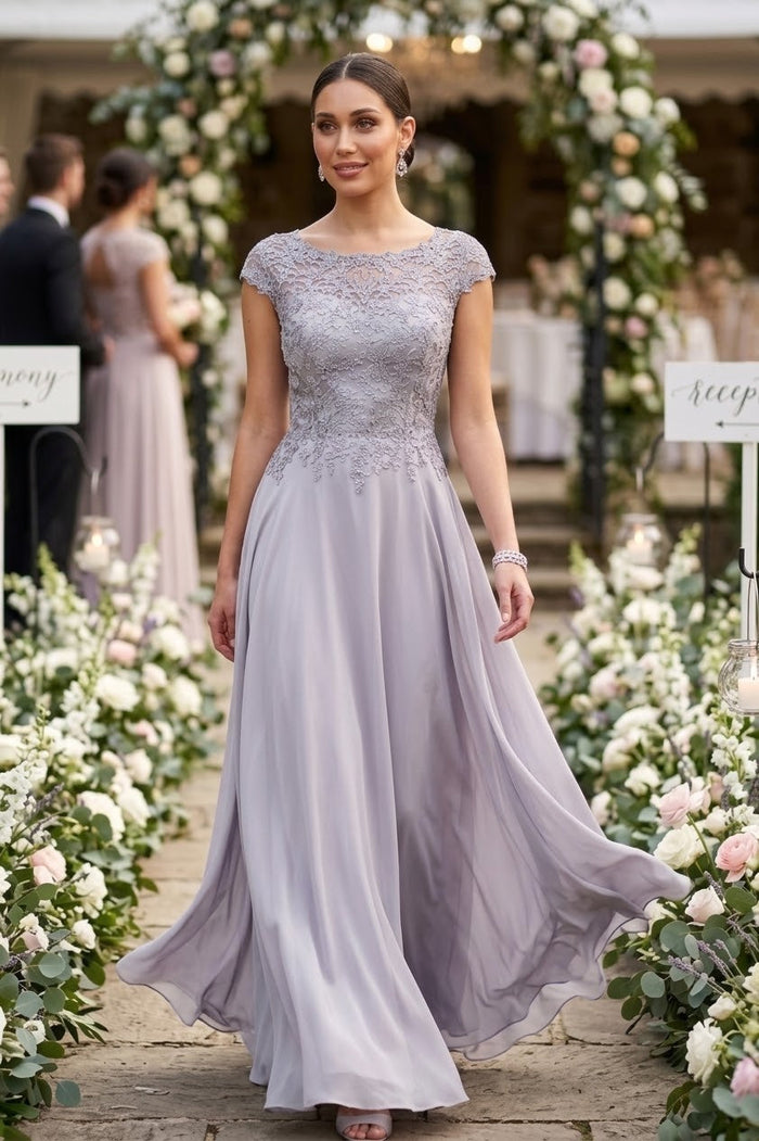 Deklaire K311 Chiffon A-Line Gown with Cap Sleeves – Mother of the Bride Dress