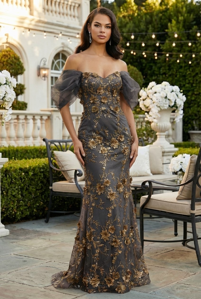 Charcoal/Gold Quinceanera Mom Dresses Mother of the Quince Gowns
