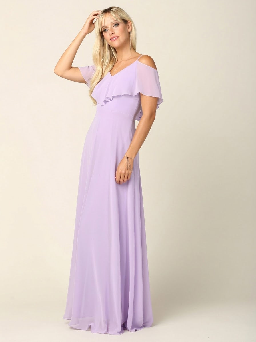 Cold Shoulder Chiffon Maxi Dress with Ruffle Overlay by Eva USA 3263