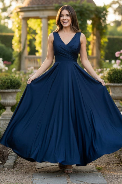 V-neck Long Bridesmaids Simple Flowy Gown by Lenovia 5242C