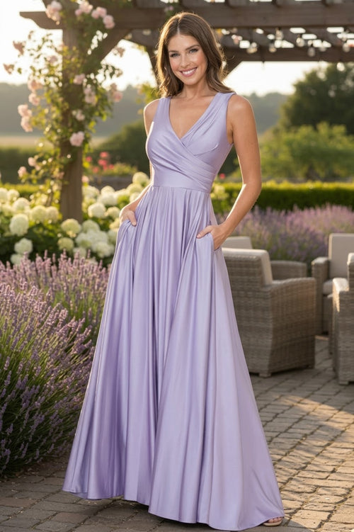 Lenovia 5242 Side Pockets A-line Shiny Long Simple Formal Evening Gown