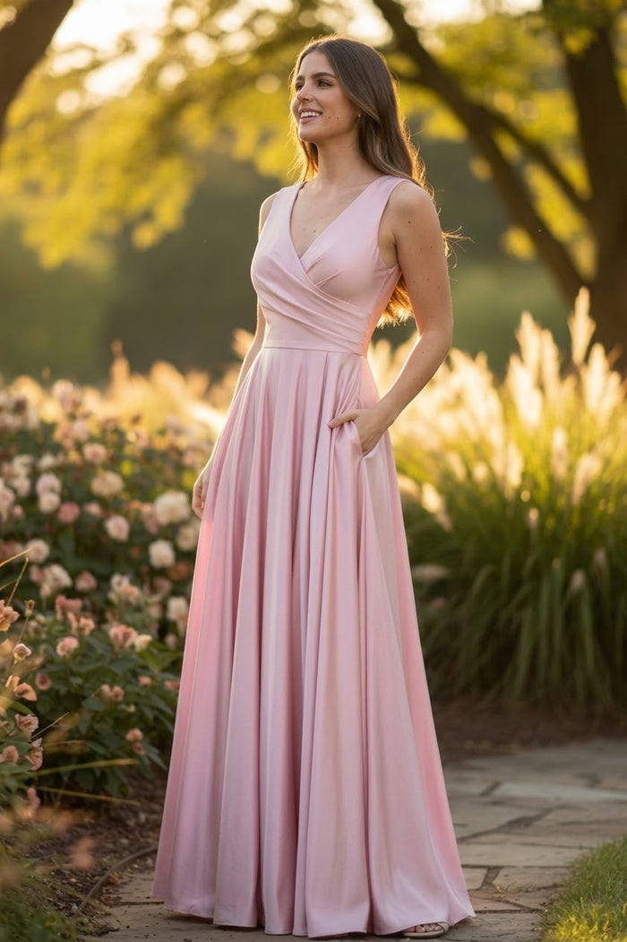 Lenovia 5242 Side Pockets A-line Shiny Long Simple Formal Evening Gown