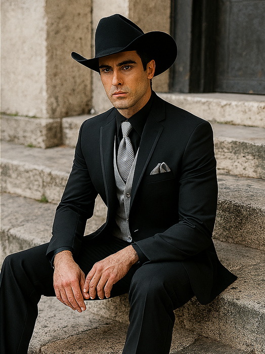 Men’s Black Western Tuxedo with Silver Vest & Cowboy Hat - Slim Fit by USA Men's Outlet