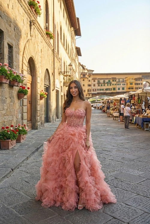 Red Carpet Dress Strapless A-Line High Slit Gown By