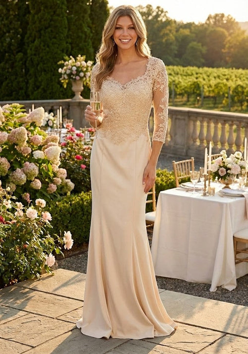 3/4 Sleeve Mother Of The Bride Dress Modest Formal Evening Gown