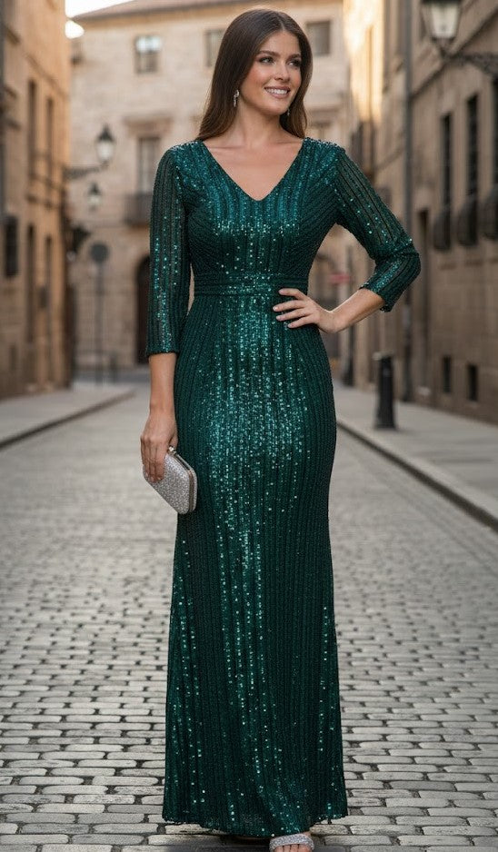 Evening Dress V-Neck 3/4 Sleeve Sheath Sequin Gown By Lenovia 5247-New Collection